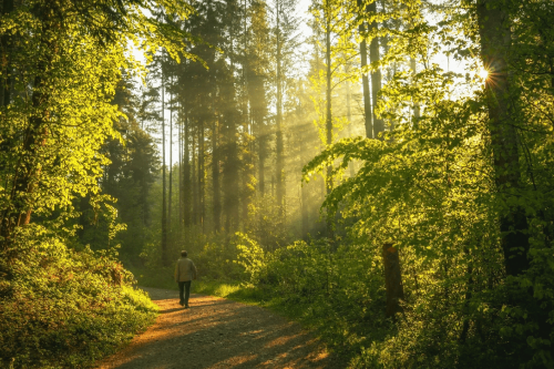 LedaMedvetet - självledarskap handlar om att leda sig själv rätt. En bild på en stig genom en skog, solen skiner genom träden från höger sida. Det går en människa på stigen längre bort från fotografen.